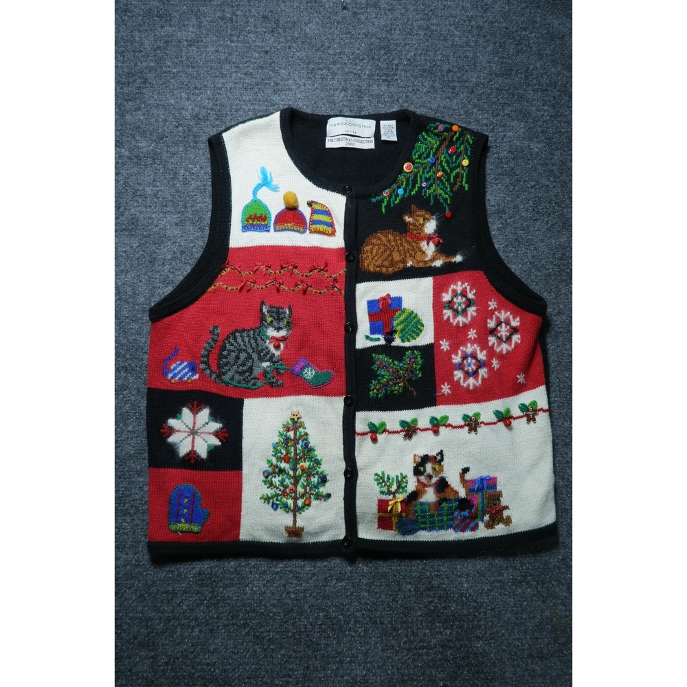 Vintage Marisa Christina 2002 Christmas Sweater Vest Cats Womens PL Petite Large